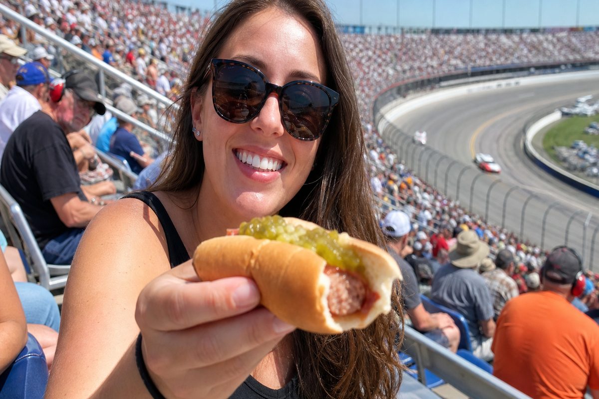 Race fan offering a relish hot dog