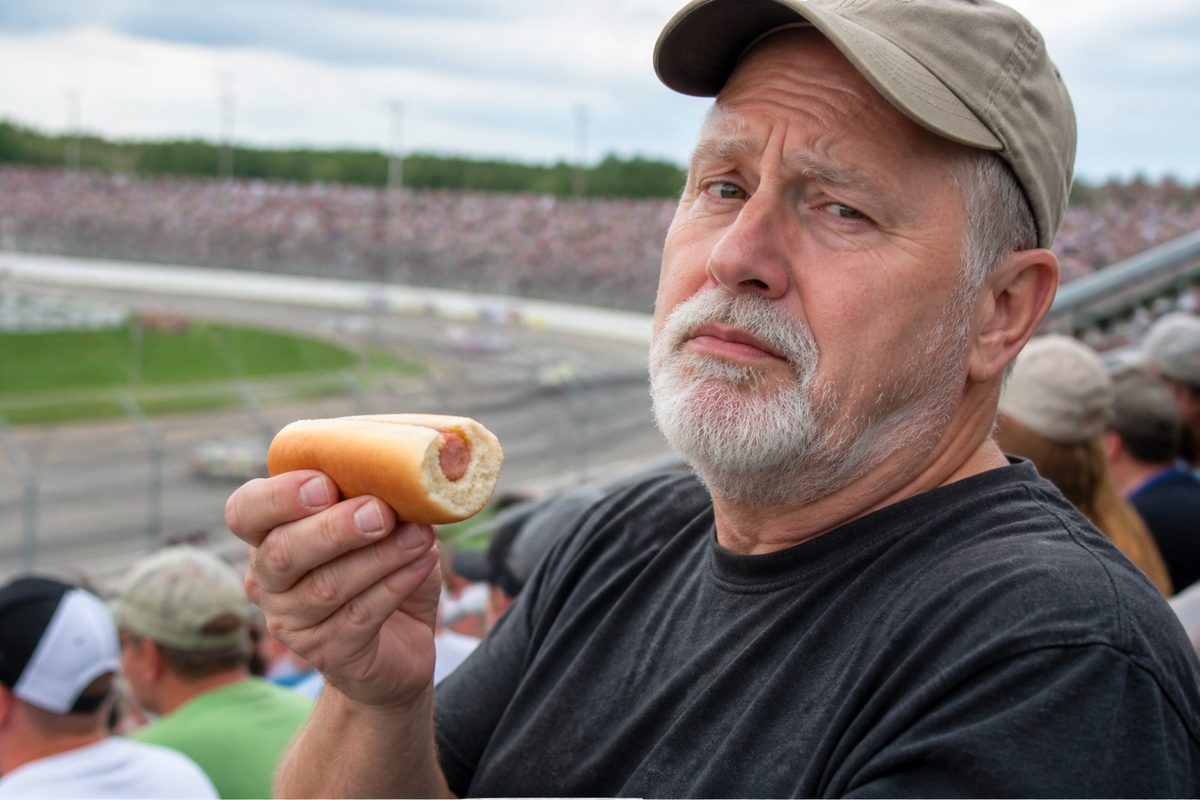 Race fan holding a plain partially eaten hot dog