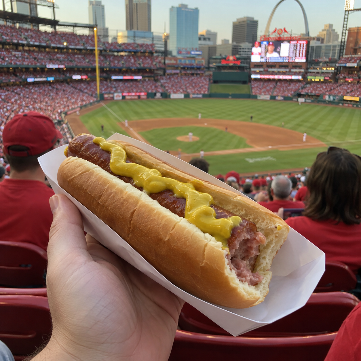 POV of a bitten mustard hot dog overlooking a baseball diamond