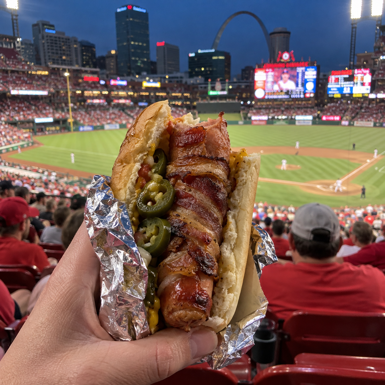 POV of a bacon and jalapeno hot dog at an evening baseball game