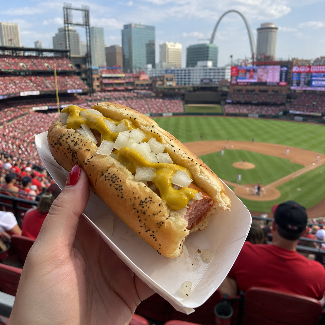 POV of a mustard and onion hot dog above the baseball field