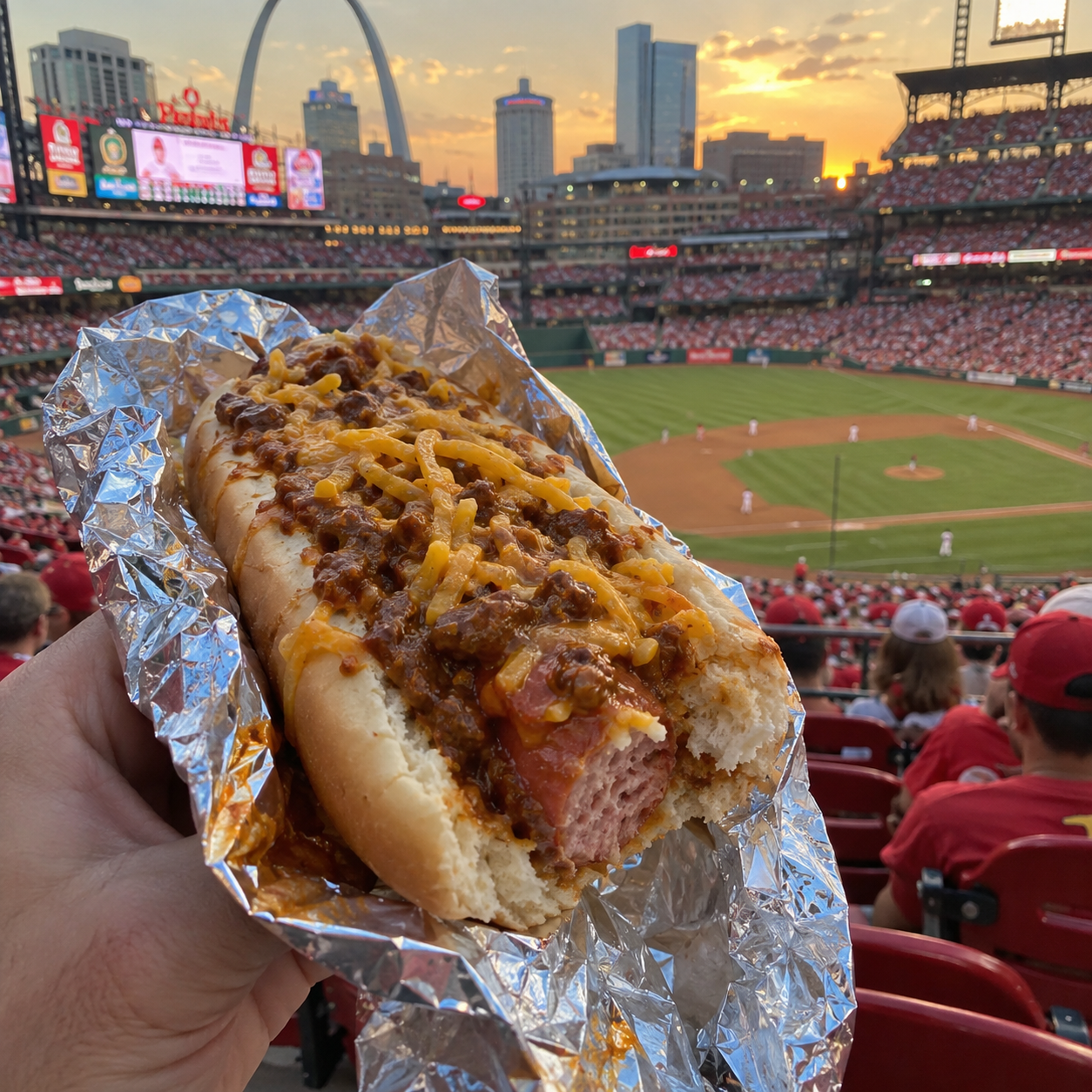 POV of a bitten chili cheese hot dog at a sunset baseball game