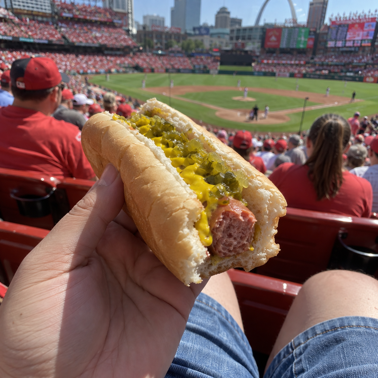 POV of a relish and mustard hot dog in red ballpark seating