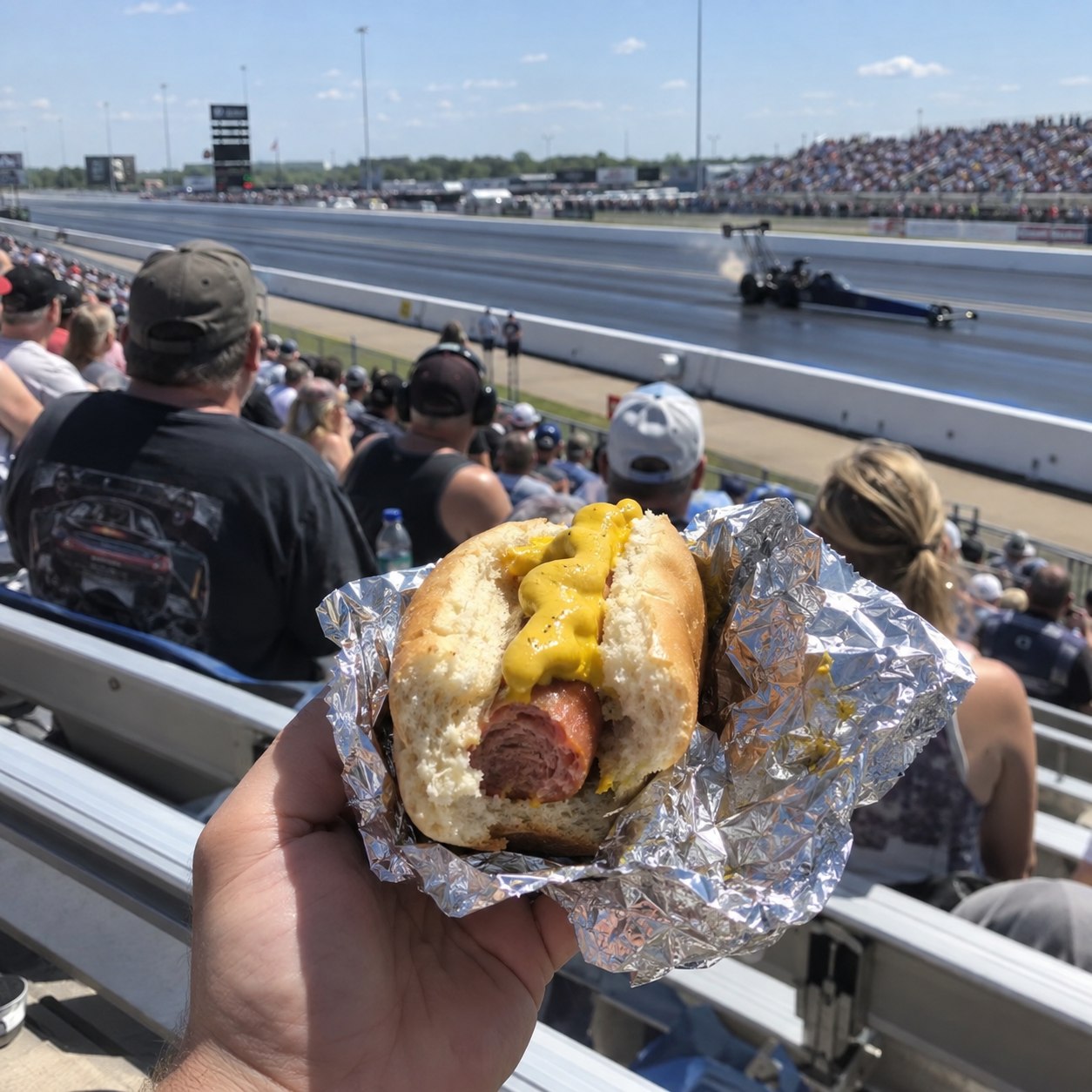 Illustrative hot dog listing at the drag strip